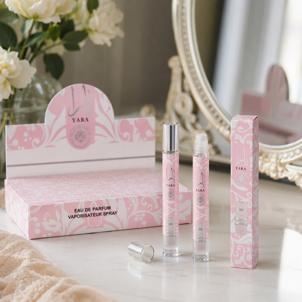 YARA Perfume Spray 24-piece Display box, pink patterned packaging, long-lasting fragrance, hydrating and moisturizing spray details Picture