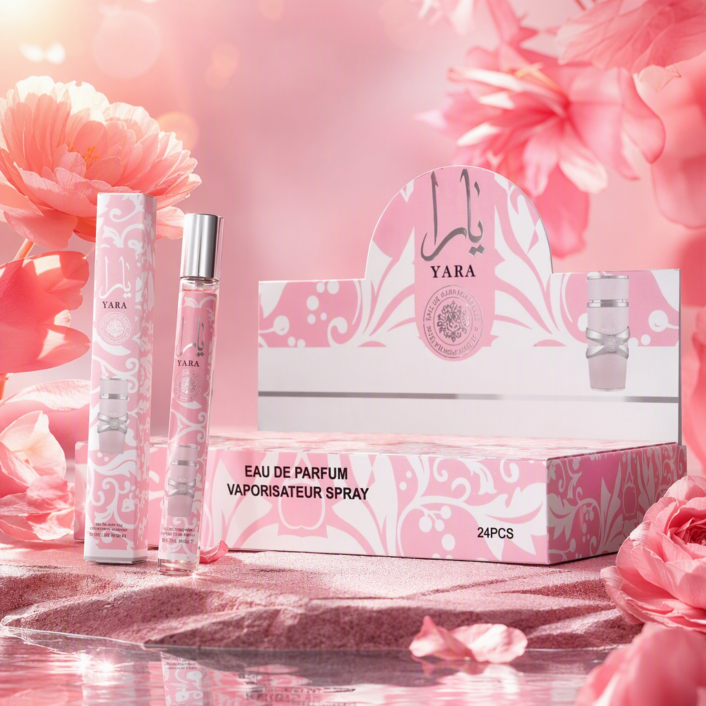 YARA Perfume Spray 24-piece Display box, pink patterned packaging, long-lasting fragrance, hydrating and moisturizing spray Specification image