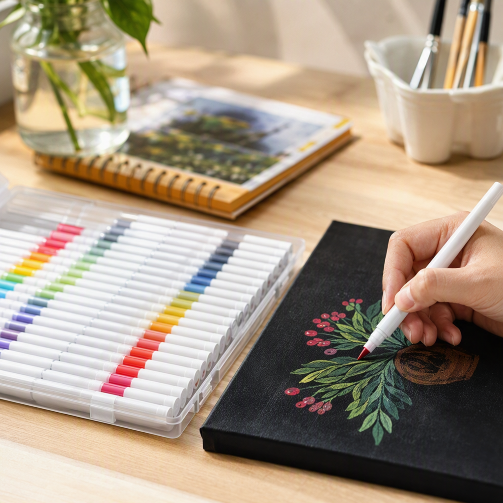 60-color water-based Acrylic Marker pen set, white pen body, colored pen cap, transparent plastic box, Acrylic marker color card display details Picture
