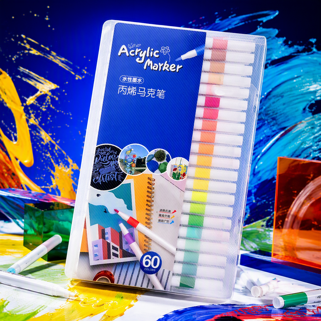 60-color water-based Acrylic Marker pen set, white pen body, colored pen cap, transparent plastic box, Acrylic marker color card display Specification image