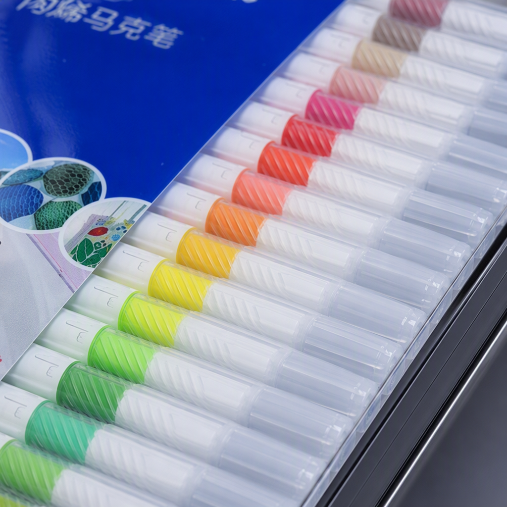 60-color water-based Acrylic Marker pen set, white pen body, colored pen cap, transparent plastic box, Acrylic marker color card display Application Scenario