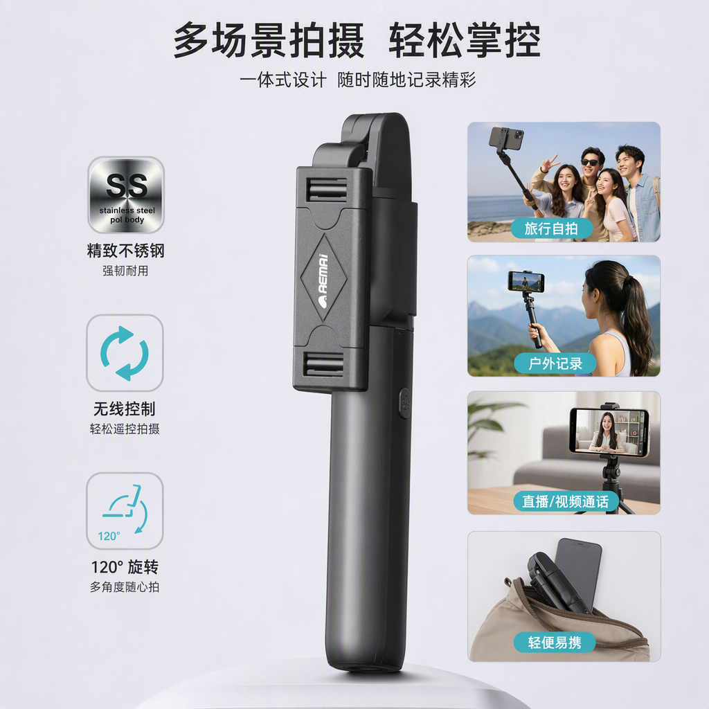 Fashionable black packaging box, portable selfie stick, multi-functional phone stand, photography wonder, trendy must-have