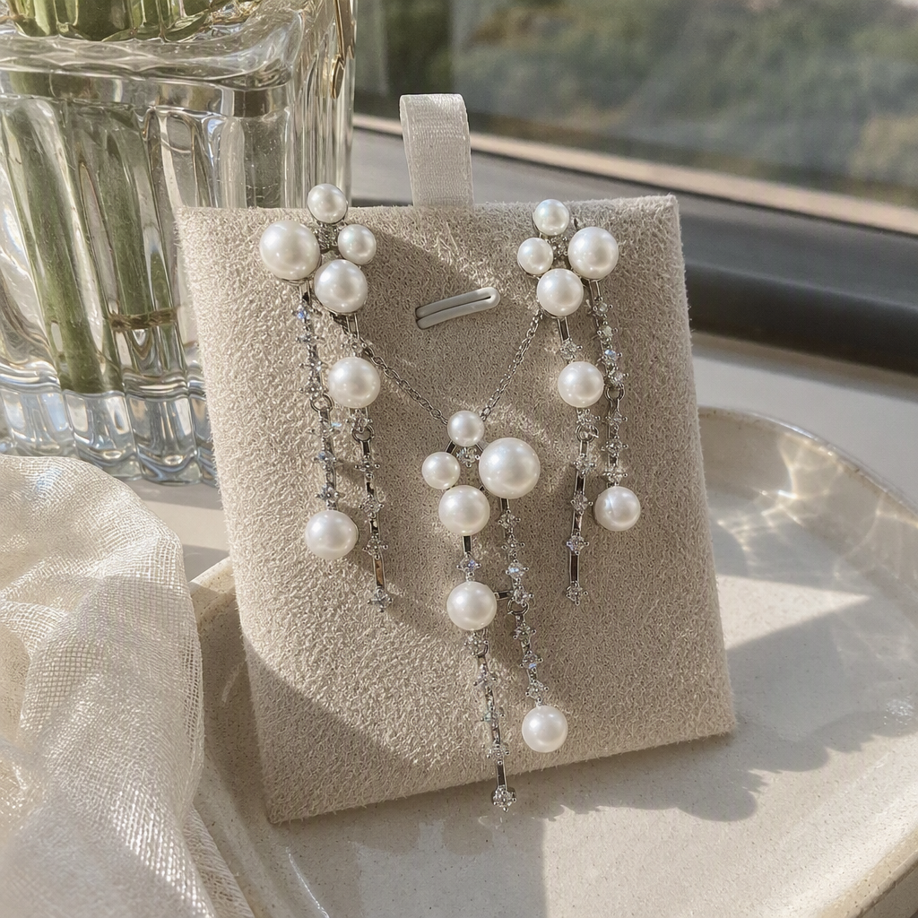 White pearl earrings and necklace set, elegant and stylish Korean style, simple and versatile, gift and accessory combination details Picture