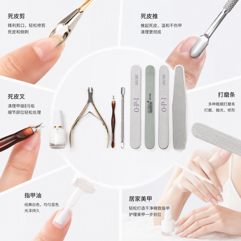 Nail art tool set of eight pieces includes O PISunShine golden dead skin scissors, red-handled dead skin forks, silver steel pushers, four pieces of scrub nail files, and white bottle body softener