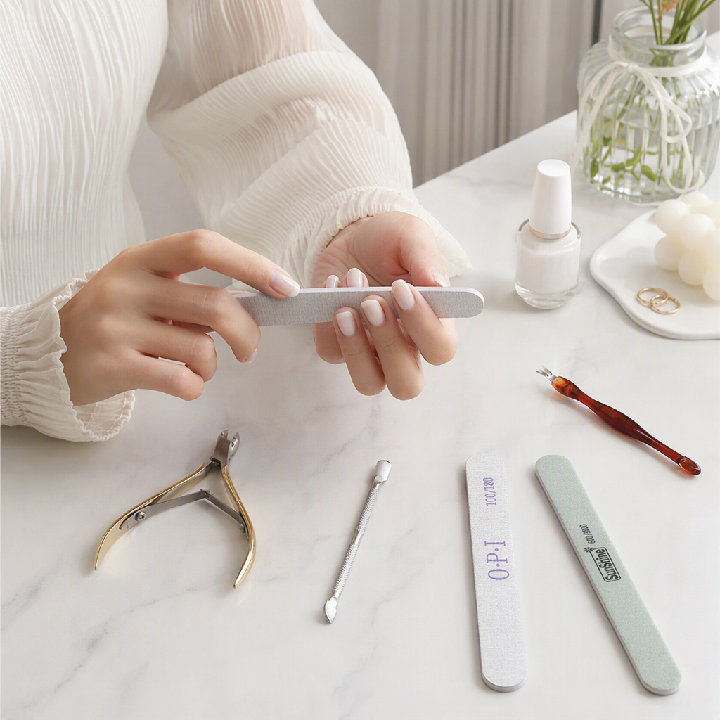 Nail art tool set of eight pieces includes O PISunShine golden dead skin scissors, red-handled dead skin forks, silver steel pushers, four pieces of scrub nail files, and white bottle body softener details Picture