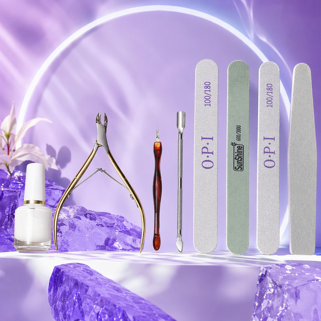 Nail art tool set of eight pieces includes O PISunShine golden dead skin scissors, red-handled dead skin forks, silver steel pushers, four pieces of scrub nail files, and white bottle body softener Specification image