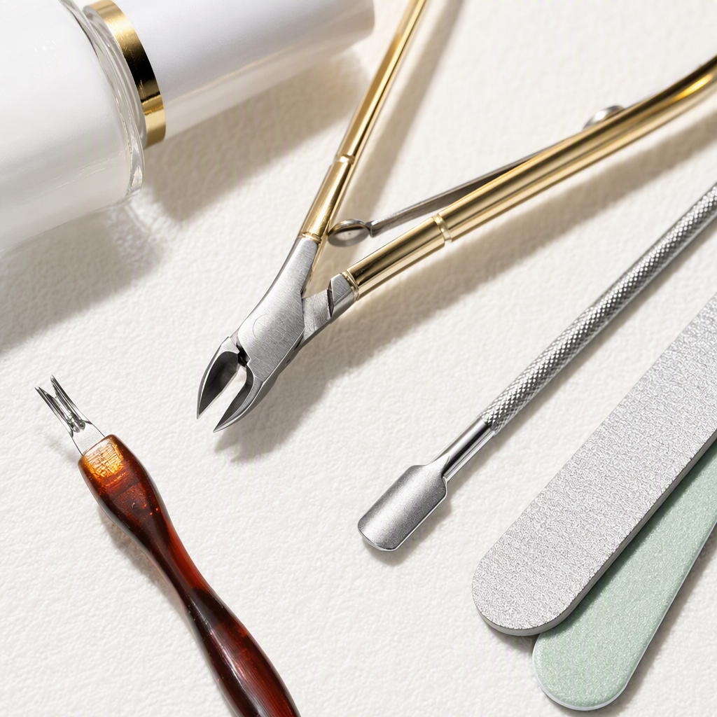 Nail art tool set of eight pieces includes O PISunShine golden dead skin scissors, red-handled dead skin forks, silver steel pushers, four pieces of scrub nail files, and white bottle body softener Application Scenario