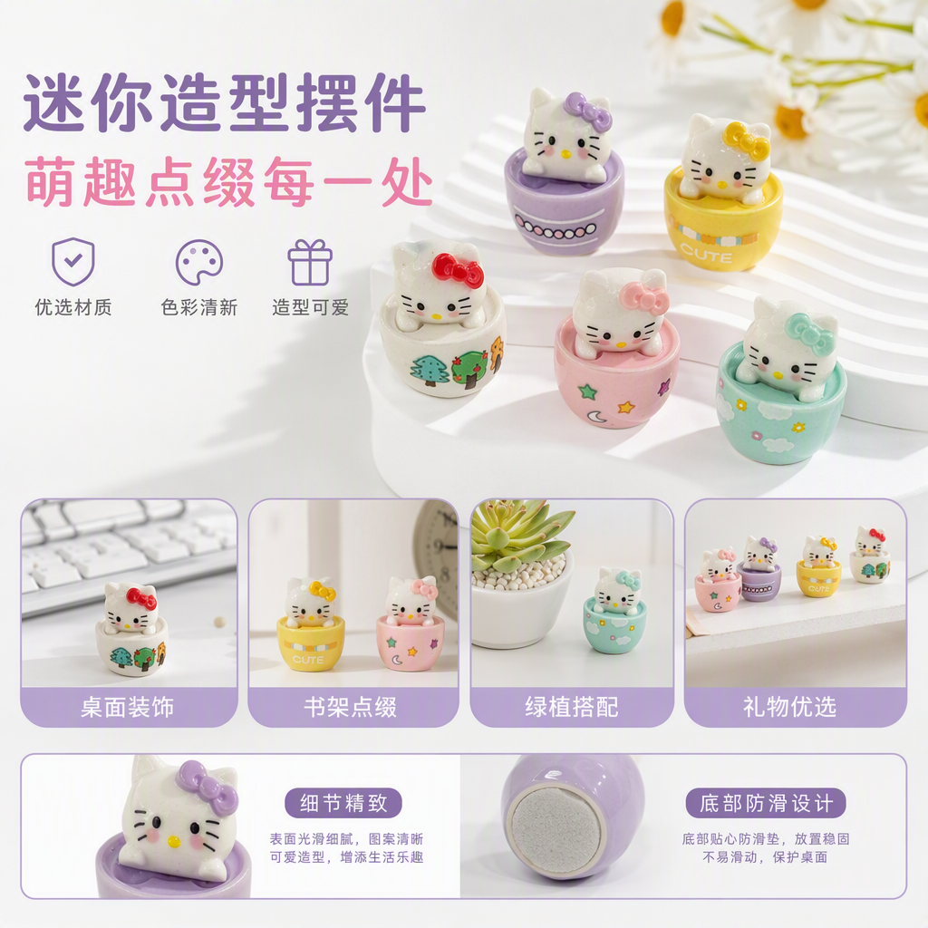 彩色陶瓷碗套装五只凯蒂猫玩偶装饰可爱创意家居摆件礼品赠品