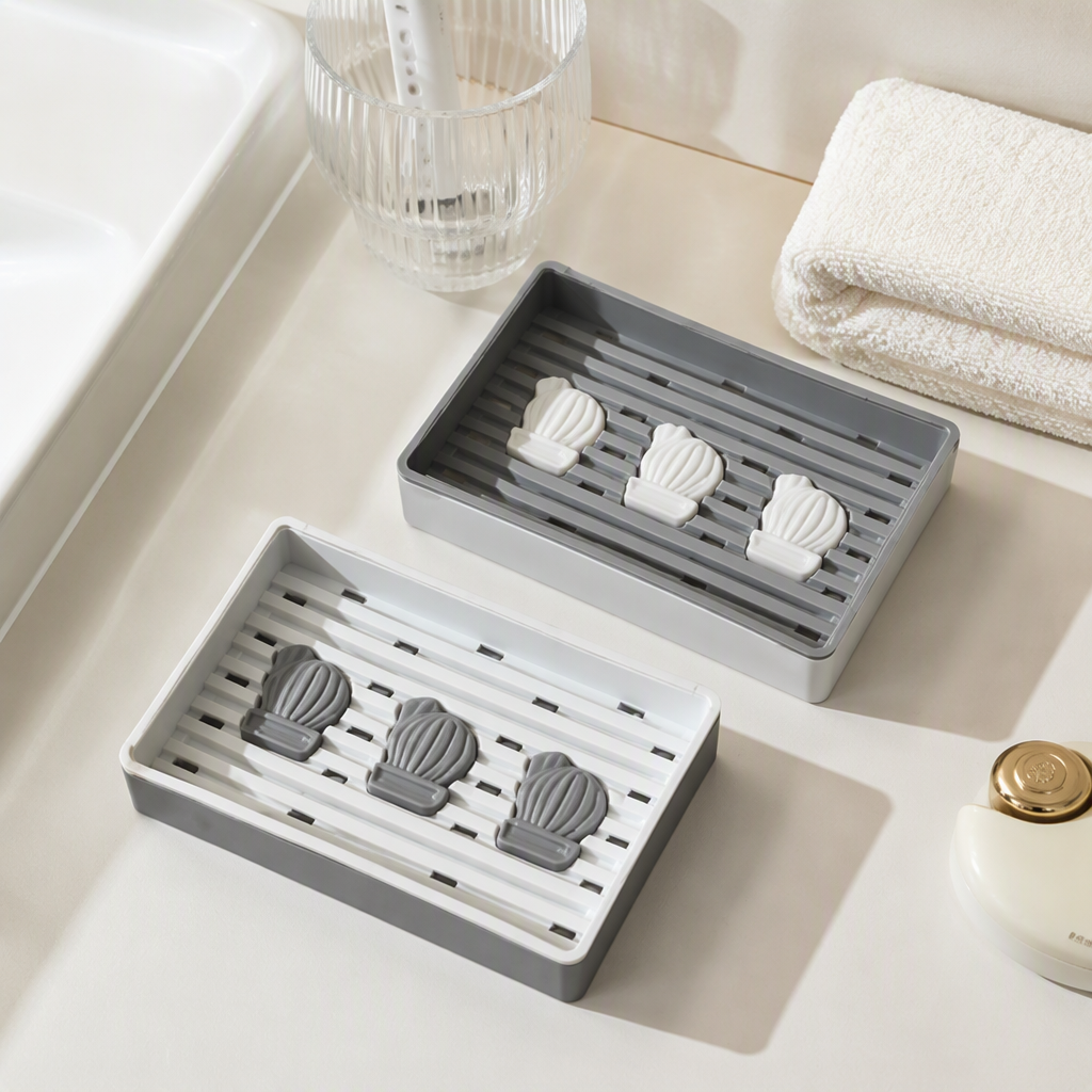 Grey striped soap box, three pieces of white soap set, simple waterproof bathroom hand soap storage supplies details Picture