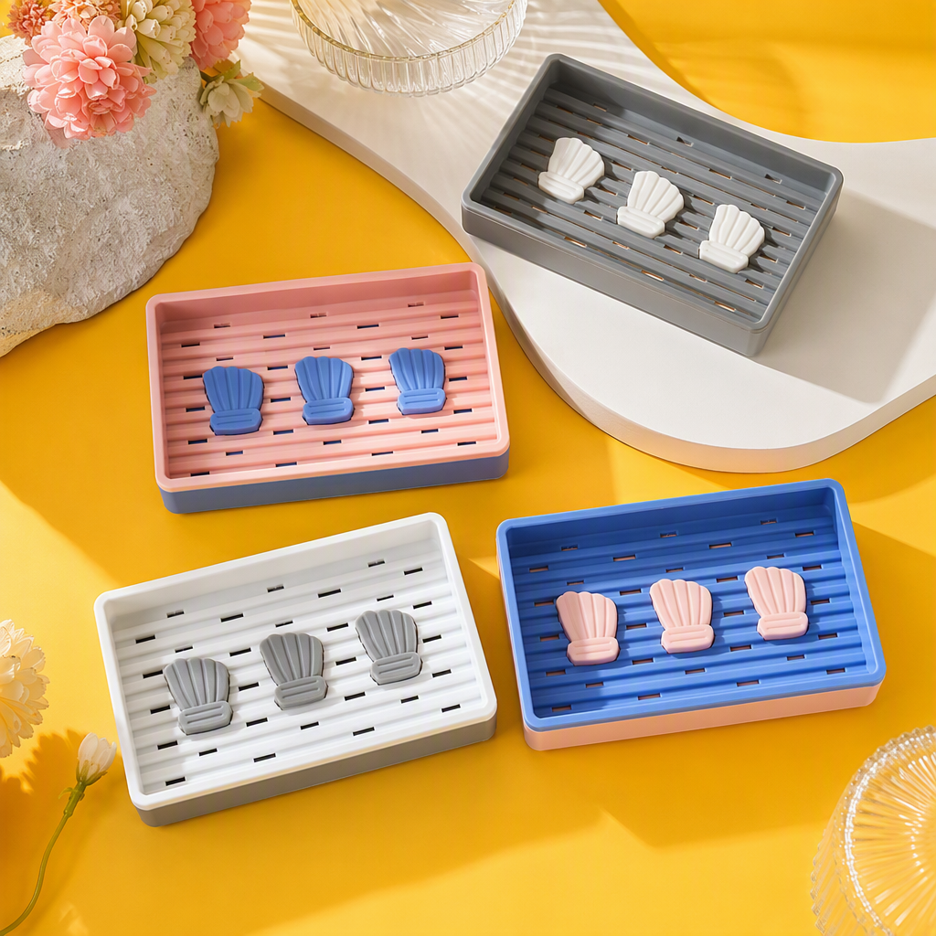 Grey striped soap box, three pieces of white soap set, simple waterproof bathroom hand soap storage supplies Specification image