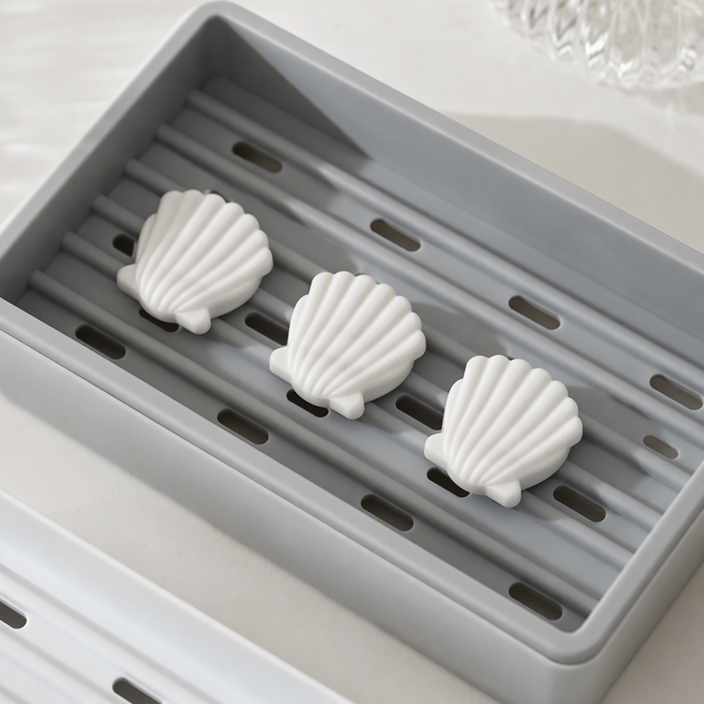 Grey striped soap box, three pieces of white soap set, simple waterproof bathroom hand soap storage supplies Application Scenario