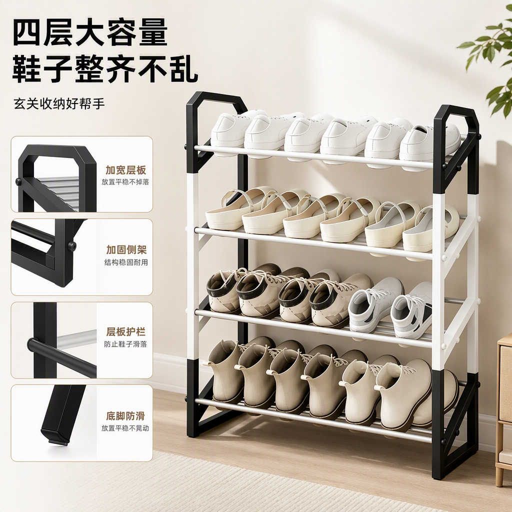 多层金属鞋架白色层板四层大容量收纳鞋柜简约现代家用鞋架整理架
