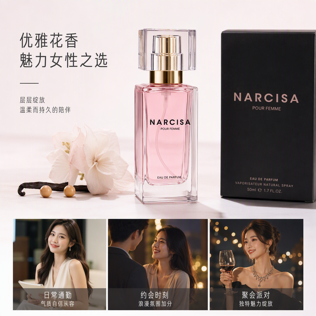 A simple and elegant fragrance gift box with a fashionable black packaging box and a pink perfume bottle