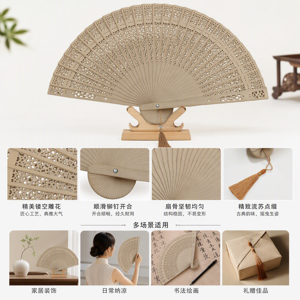 米色镂空雕花扇子复古手工折扇夏季凉爽优雅典雅礼品装饰