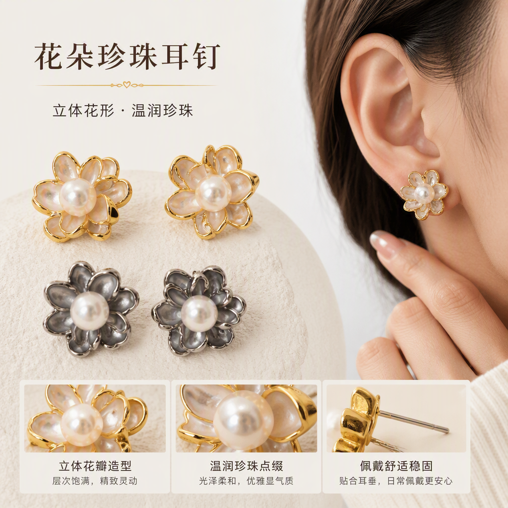Silver and gold flower pearl stud earrings, simple and elegant, versatile earrings, fashionable women's earrings