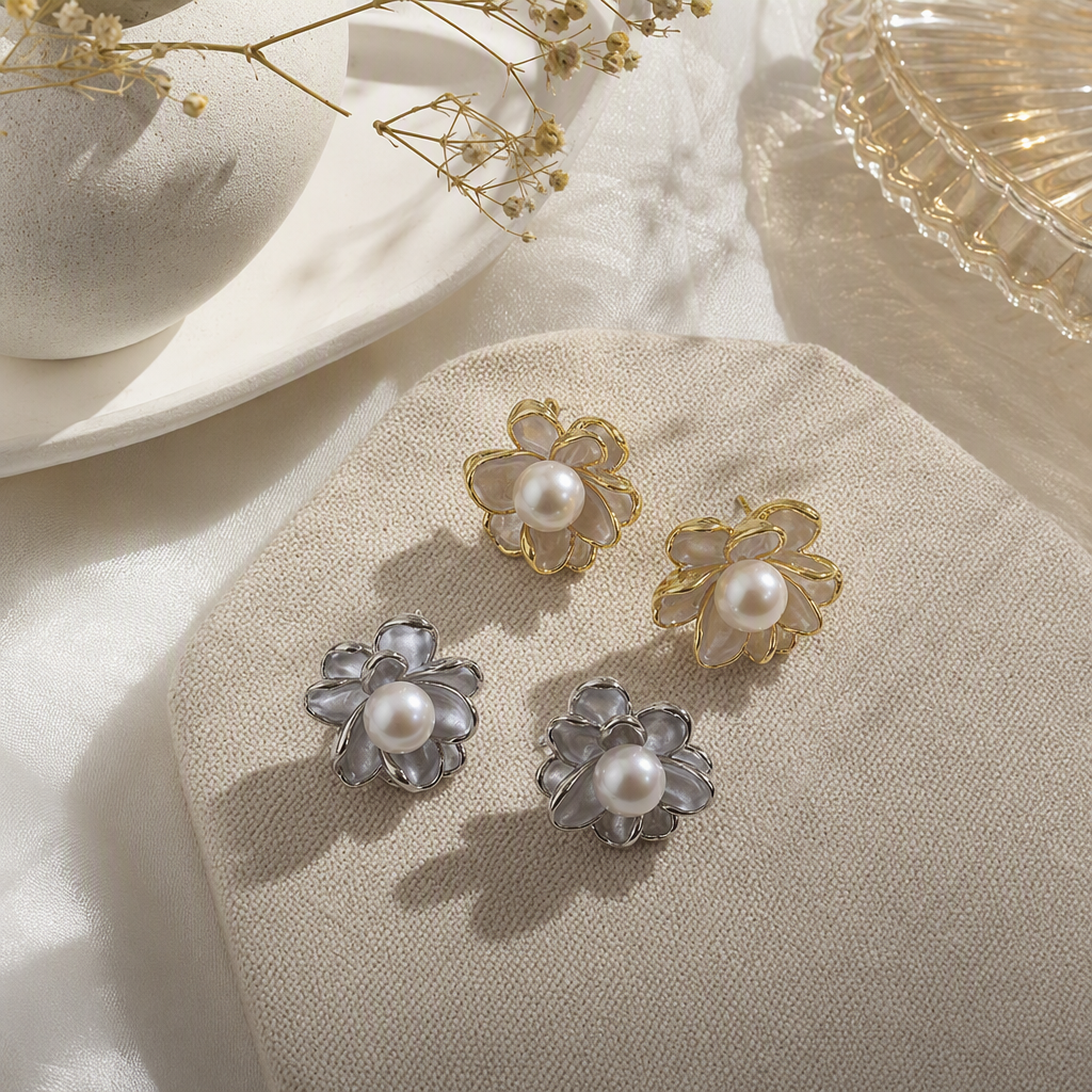 Silver and gold flower pearl stud earrings, simple and elegant, versatile earrings, fashionable women's earrings details Picture