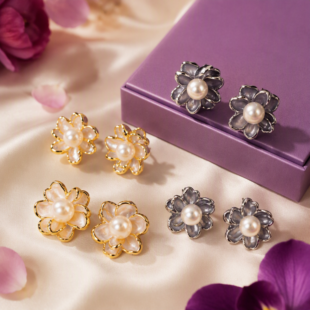 Silver and gold flower pearl stud earrings, simple and elegant, versatile earrings, fashionable women's earrings Specification image