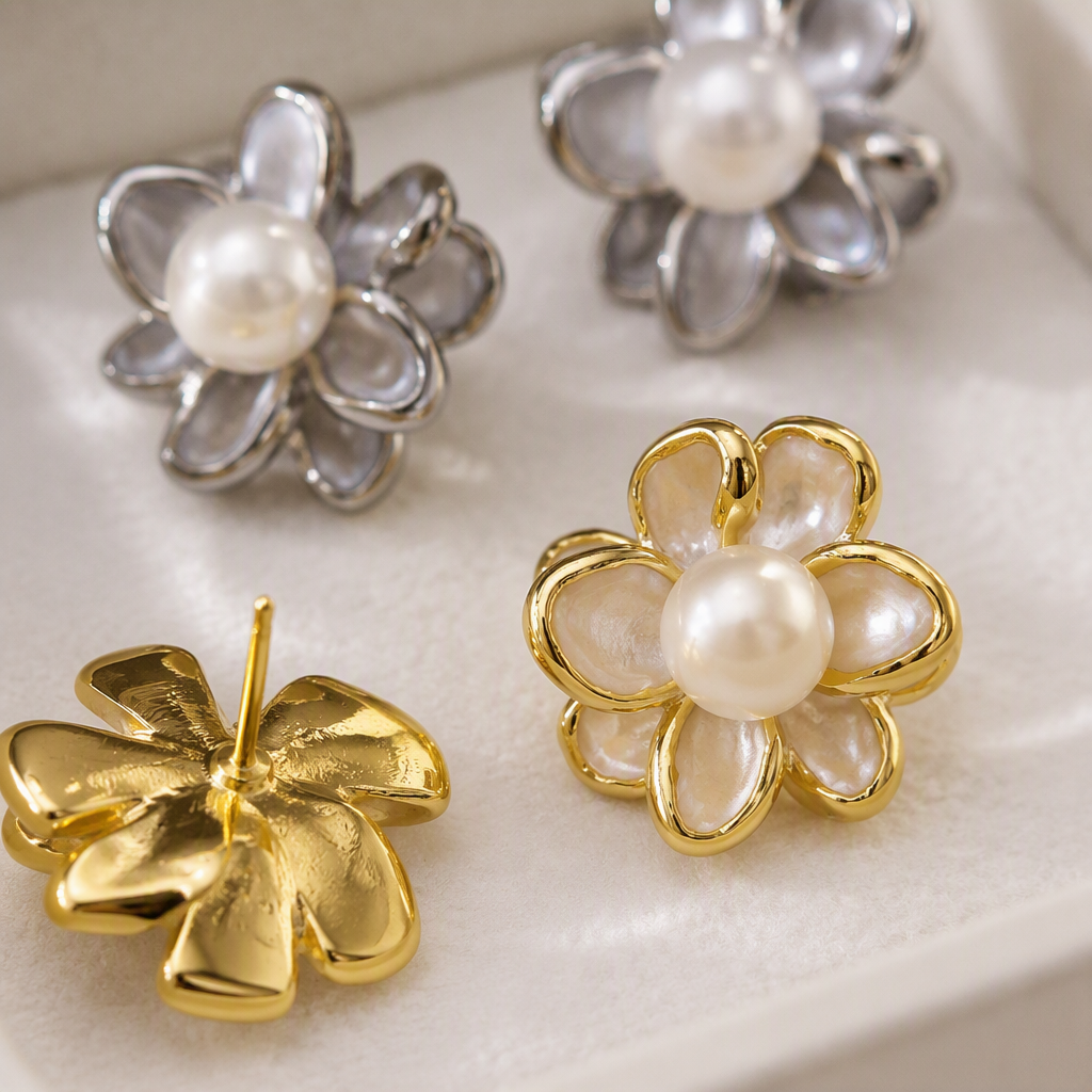 Silver and gold flower pearl stud earrings, simple and elegant, versatile earrings, fashionable women's earrings Application Scenario