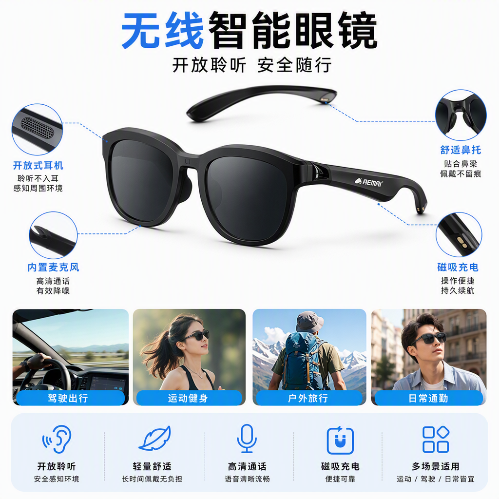 Fashionable black smart glasses, high-definition display, Bluetooth headphones, multi-functional portable eye health and eye protection wonder