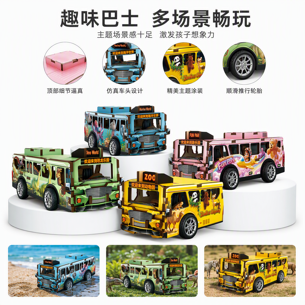 Colorful wooden three-dimensional puzzle bus model, children's educational assembly toy, creative puzzle game gift