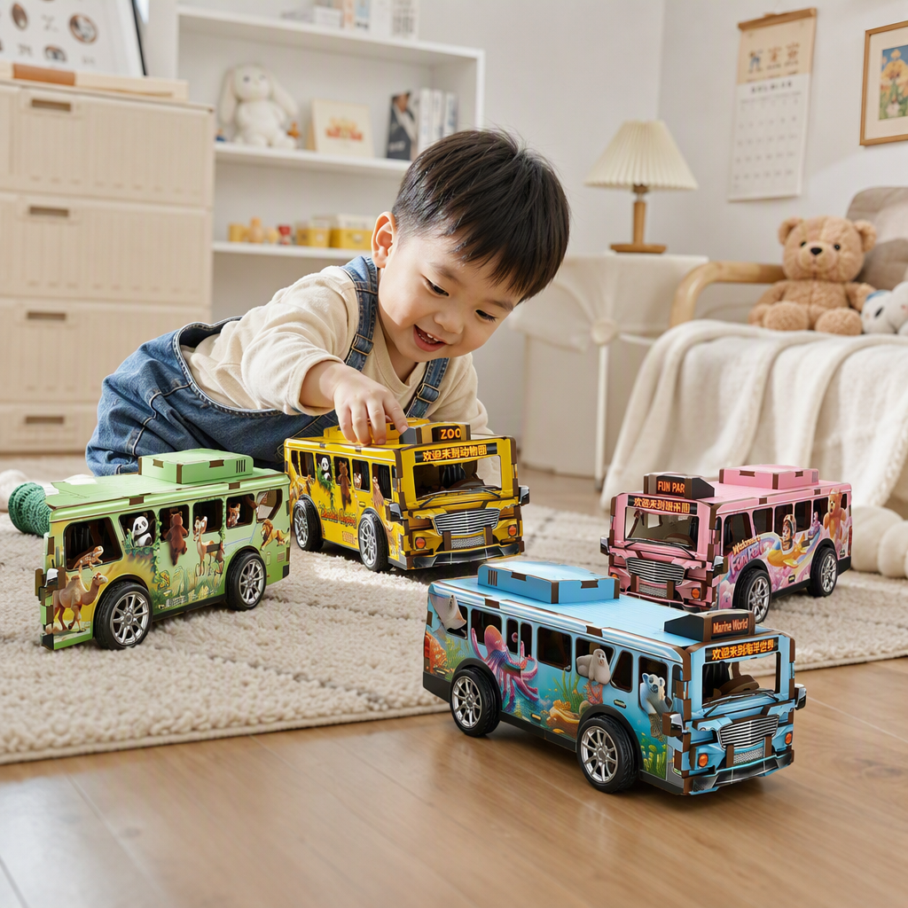 Colorful wooden three-dimensional puzzle bus model, children's educational assembly toy, creative puzzle game gift details Picture