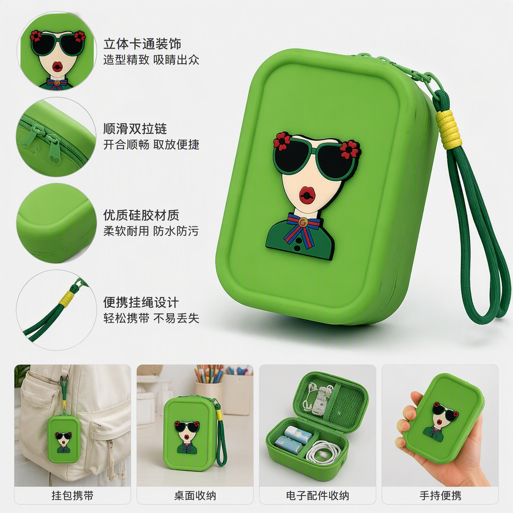 Five colorful silicone portable storage bags with multi-color cartoon female head lanyards, fashionable and creative storage bags