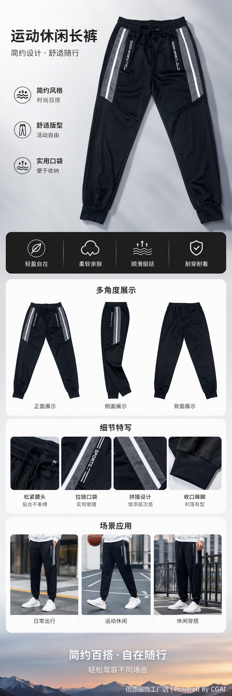 舒适透气休闲宽松长裤男士运动长裤黑色运动裤运动休闲裤男款跑步裤学生宽松裤子详情1