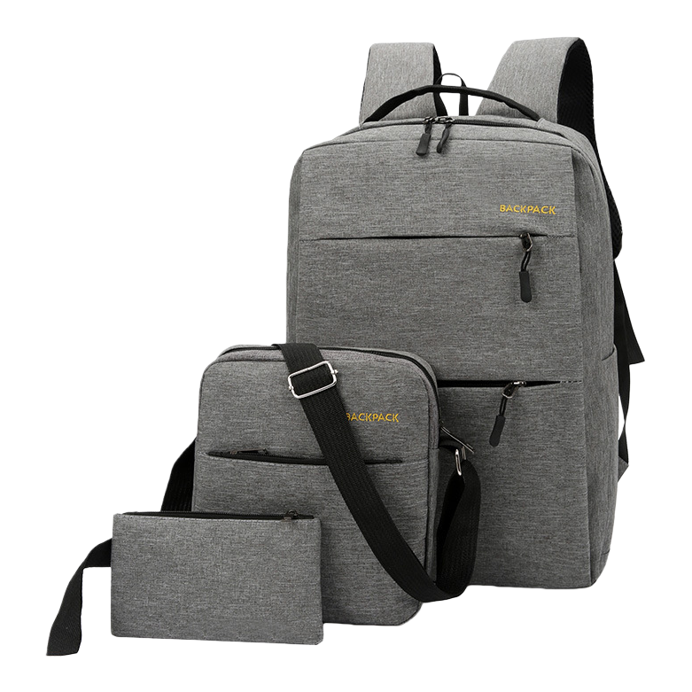 The grey three-piece backpack set is a multi-functional travel and casual student schoolbag, a trendy and versatile choice for both men and women Item Picture