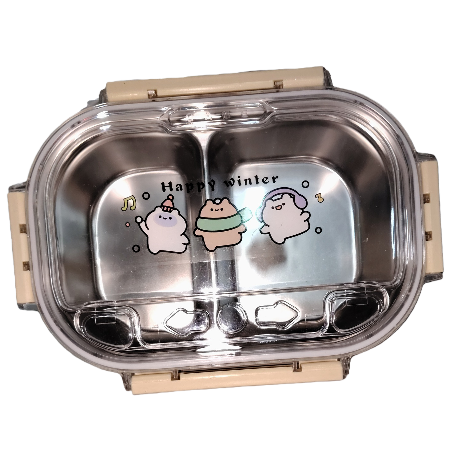 Caja de almuerzo de acero inoxidable dividida con tapa transparente patrón de invierno de dibujos animados caja de comida portátil para estudiantes vajilla para niños resistente al calor resistente a caídas Item Picture