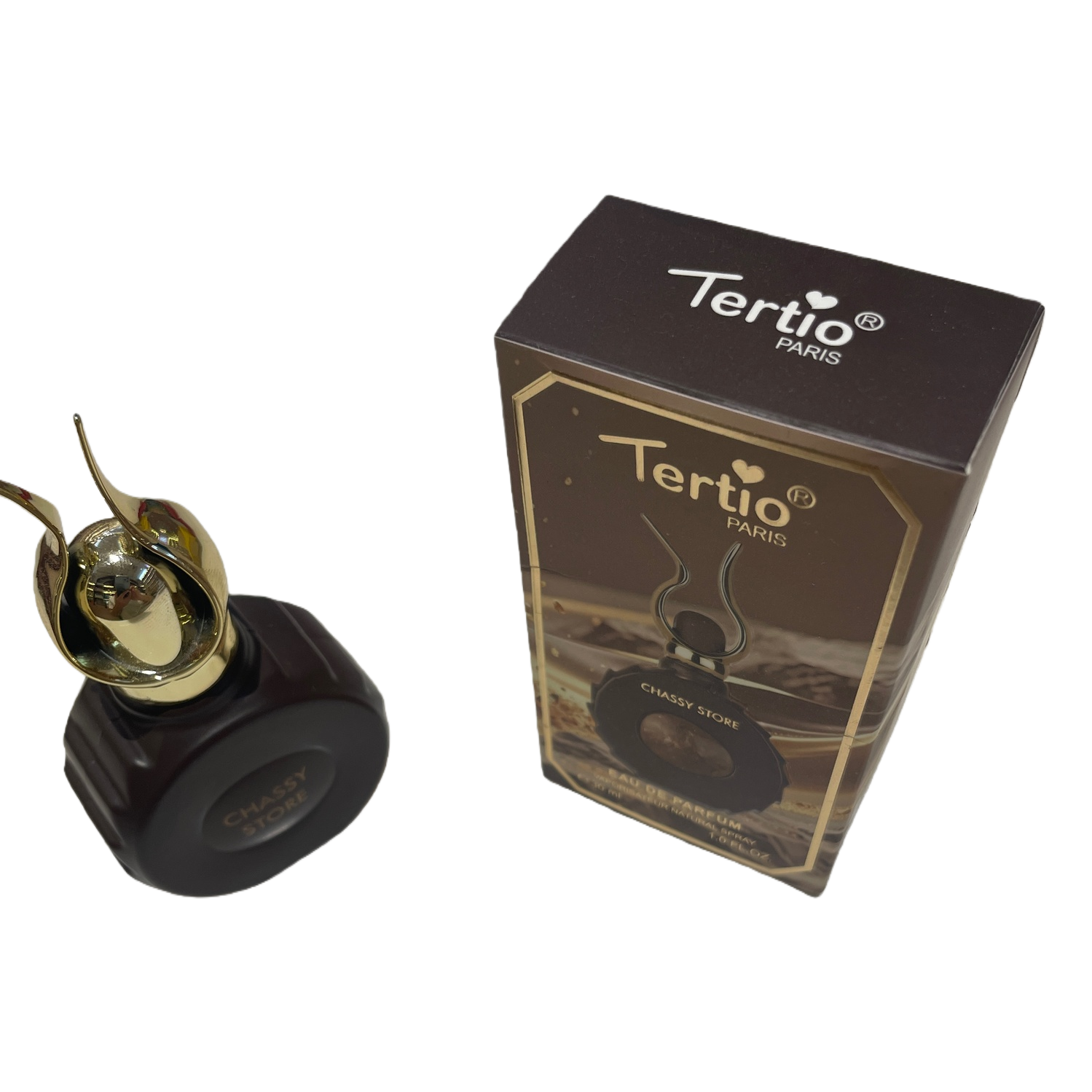 Luxurious black perfume bottle, golden cap, brown packaging box, fashionable and elegant fragrance gift box Item Picture