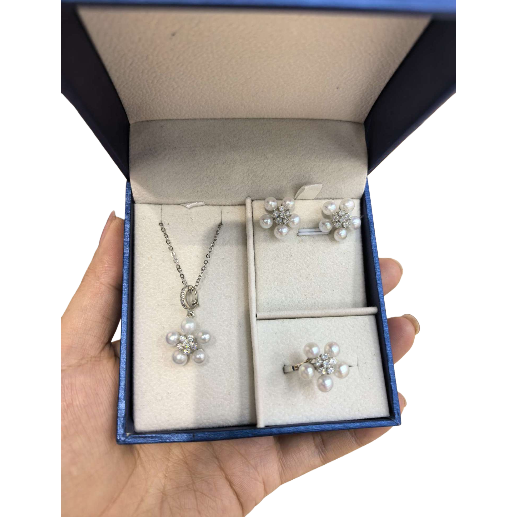 Blue gift box, pearl and diamond flower-shaped jewelry set, necklace, stud and ring, elegant and fashionable gift choice Item Picture