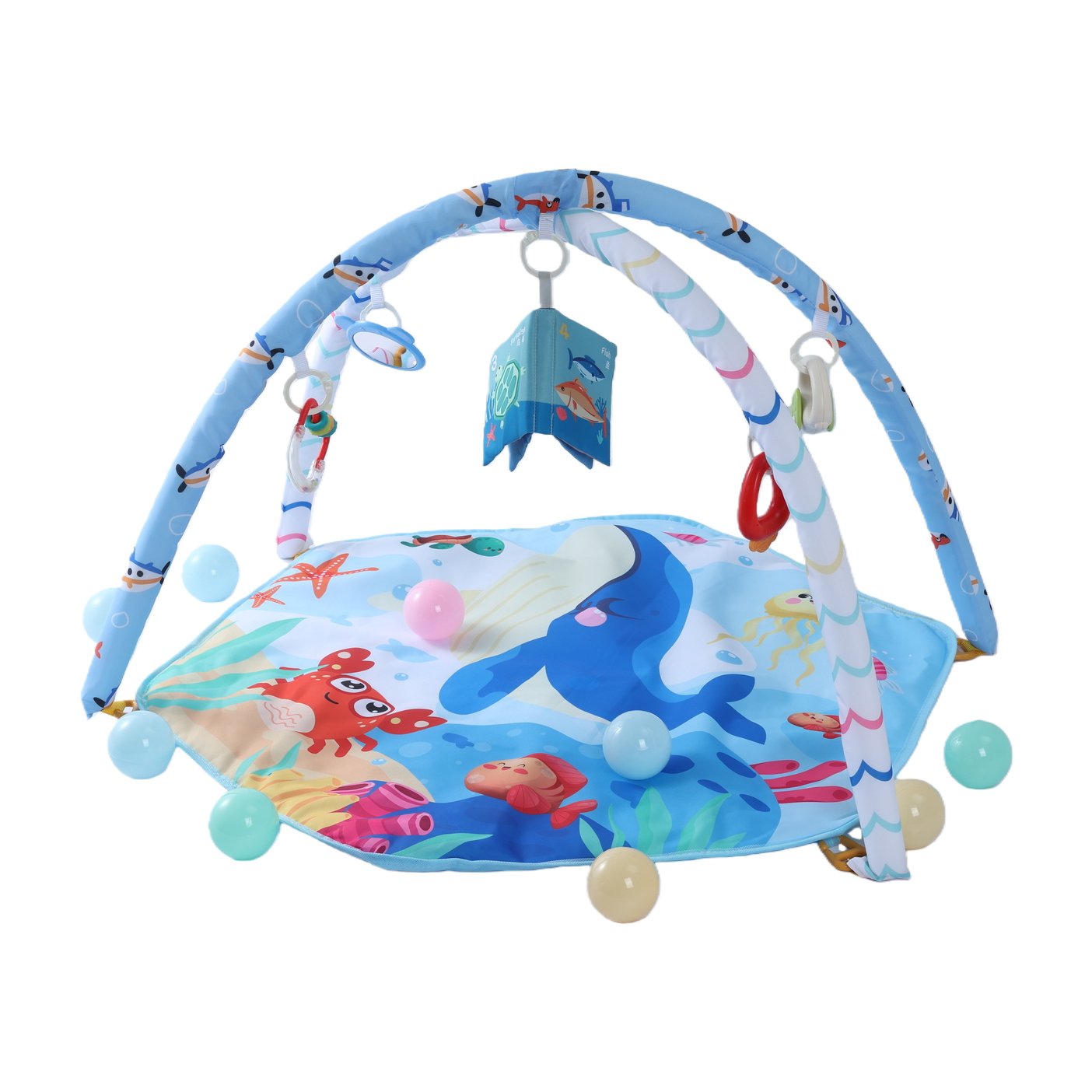 Blue ocean-themed baby play MATS with arched hanging toys and colorful small balls, safe and soft baby climbing MATS, children's early education toys Item Picture
