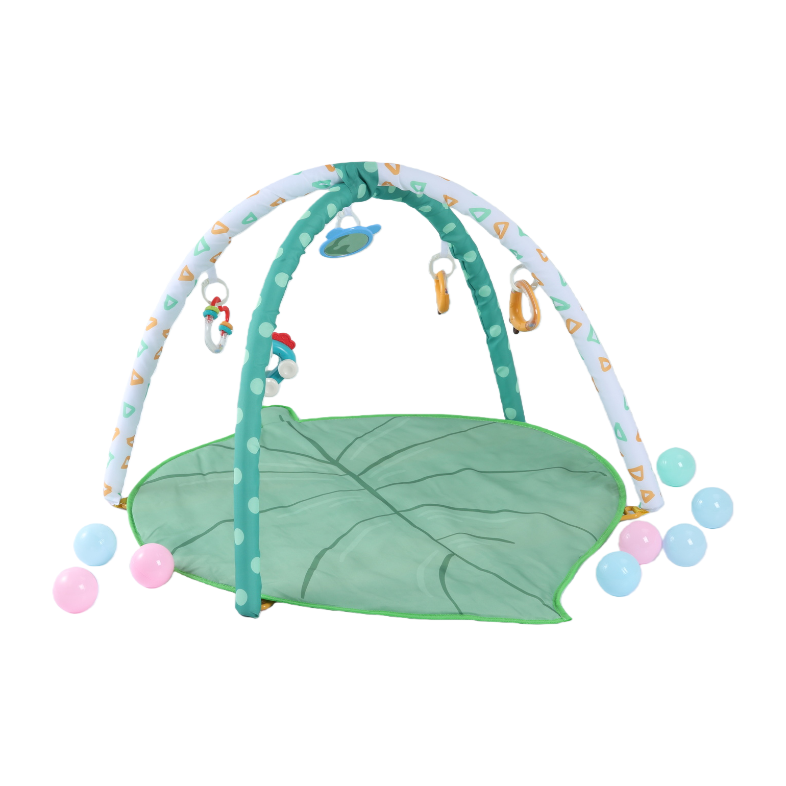 Baby play mat, green leaf-shaped, arched hanging toy rack, colorful small balls, safe and environmentally friendly baby crawling mat Item Picture