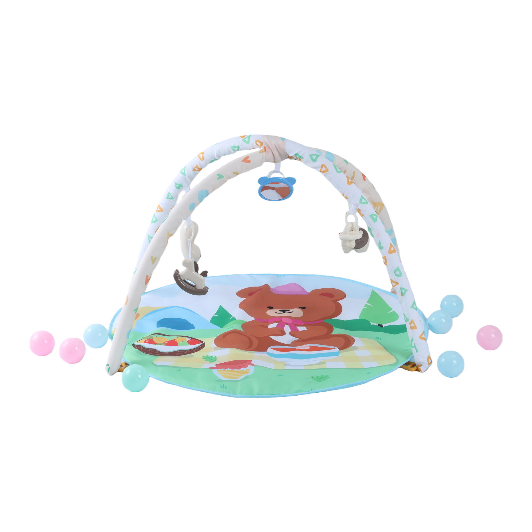 Estera de juego de bebé colorida con soporte de arco rosa oso picnic patrón redondo para niños escalada estera con juguetes dispersos bola de color Item Picture