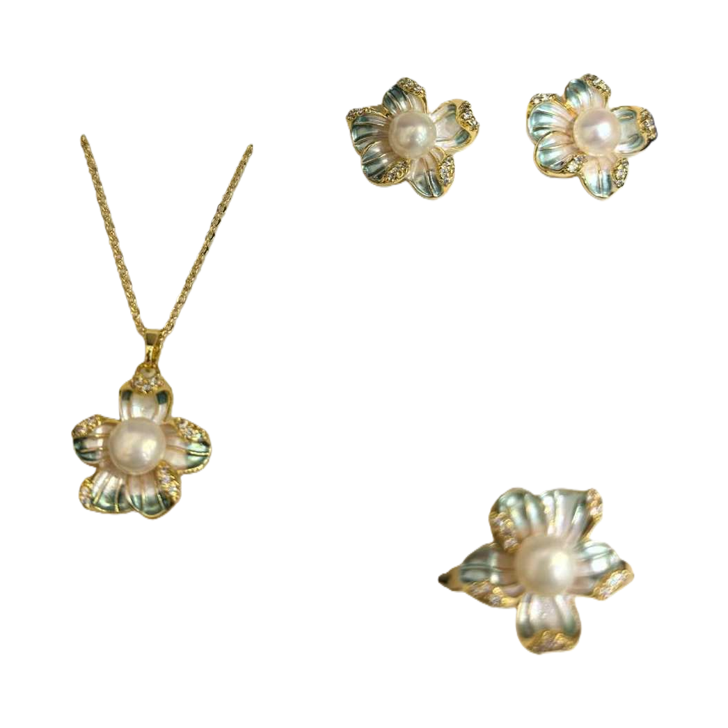 Blue gift box, pearl and flower jewelry set, necklace, stud ring, elegant and fashionable gift for your girlfriend Item Picture