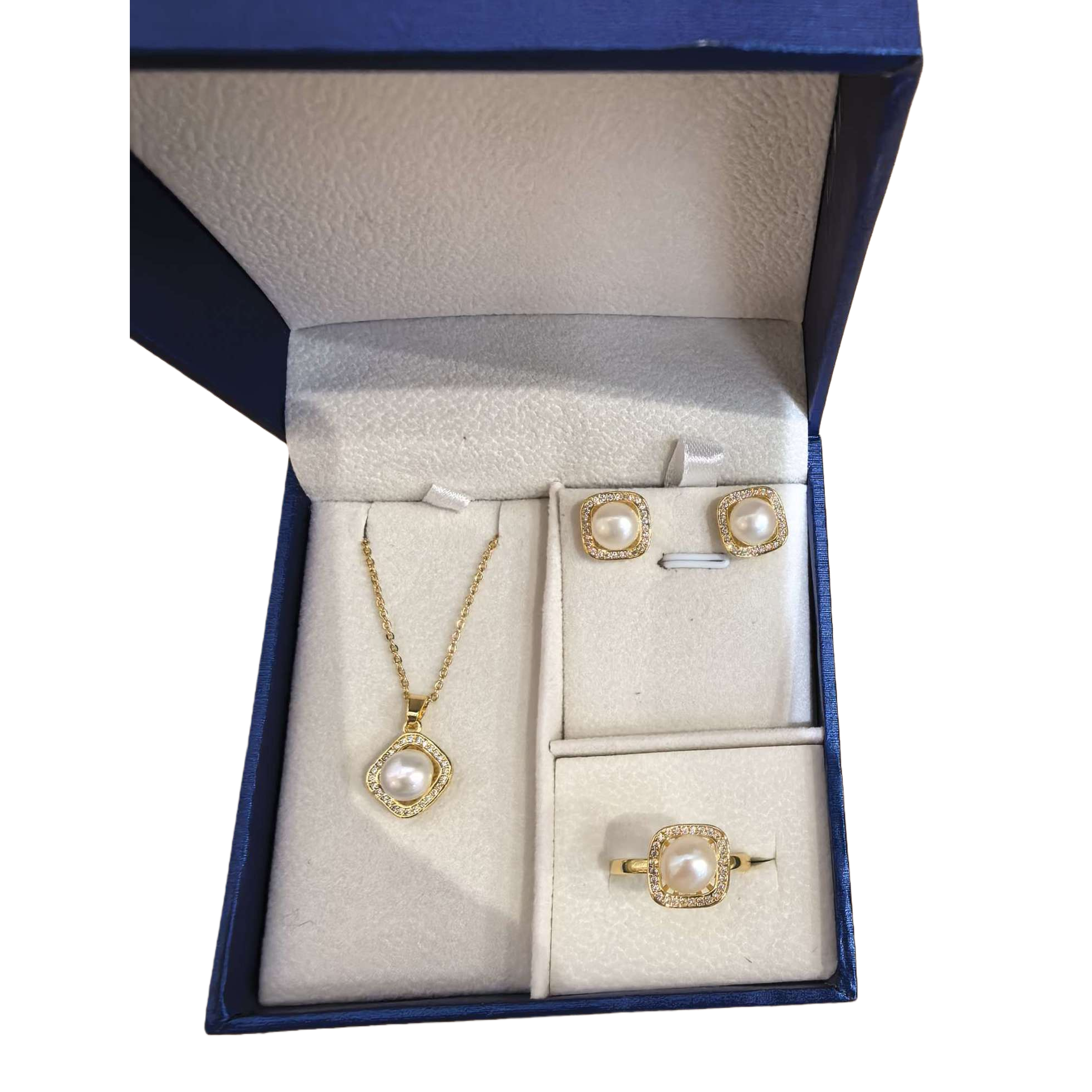 Blue gift box pearl jewelry set, golden embellished pendant, stud ring, elegant accessory gift box Item Picture