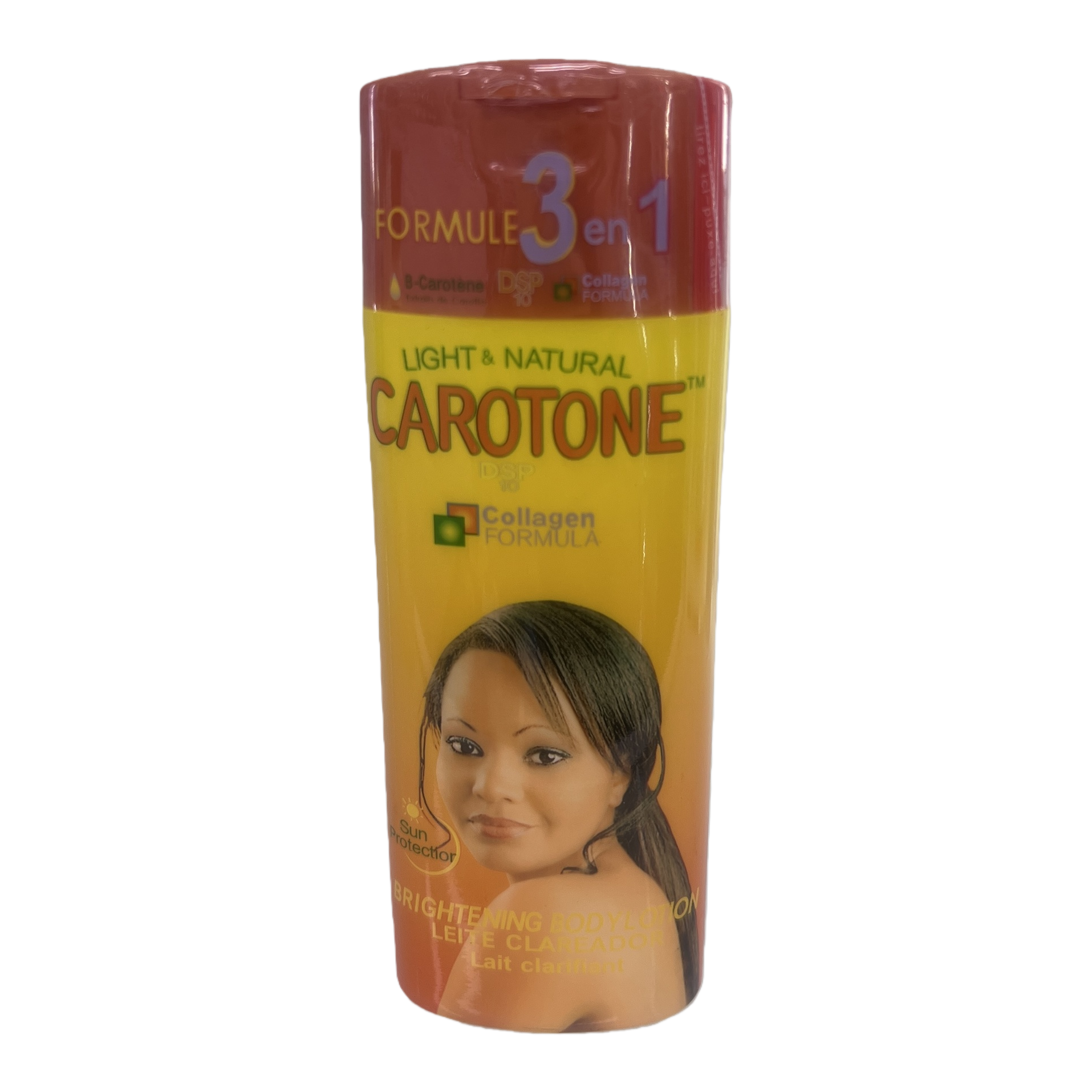 Carotone Brightening Body Lotion with a creamy yellow gradient bottle, moisturizing, hydrating and brightening skin tone Item Picture