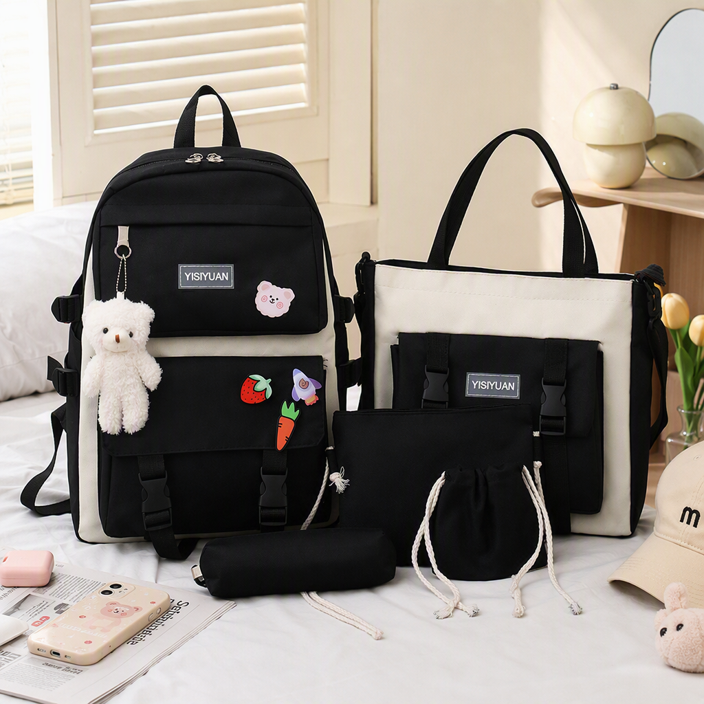 Fashionable color-block backpack with white plush bear pendant, beige and black paired with handbag, small bag, pen case and drawstring bag set details Picture