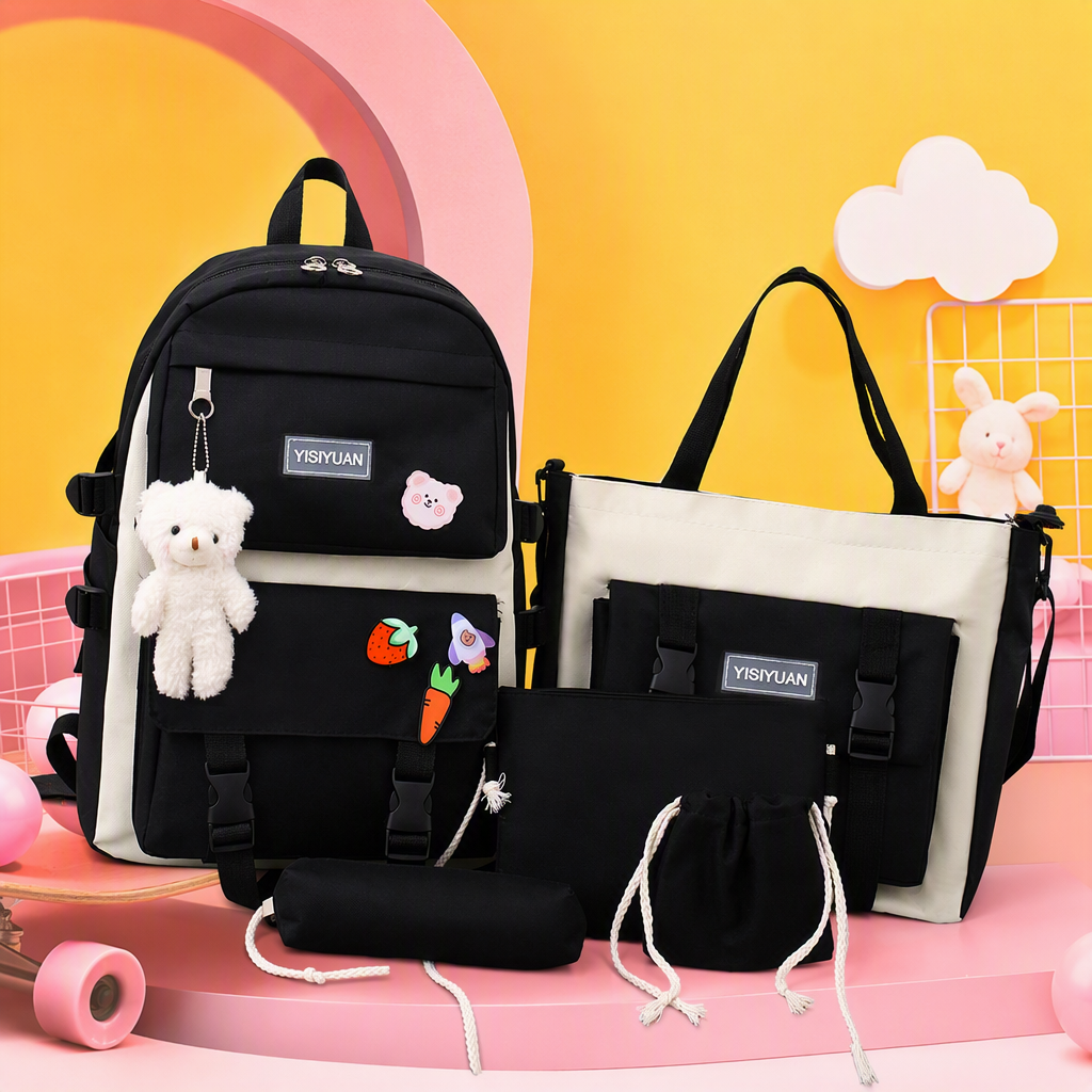 Fashionable color-block backpack with white plush bear pendant, beige and black paired with handbag, small bag, pen case and drawstring bag set Specification image