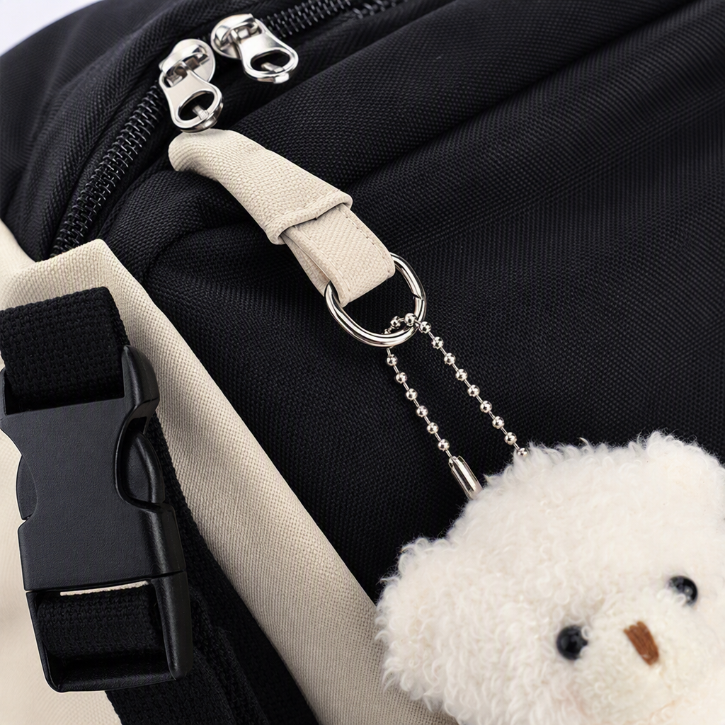 Fashionable color-block backpack with white plush bear pendant, beige and black paired with handbag, small bag, pen case and drawstring bag set Application Scenario
