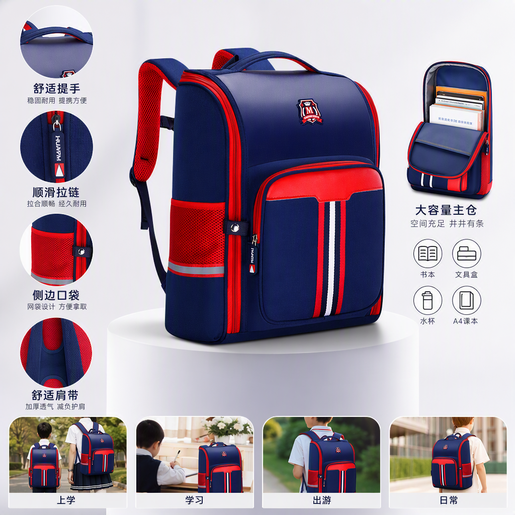 The student schoolbag is fashionable and trendy. The backpack is in a deep blue and red color combination, lightweight and durable. It is a campus product