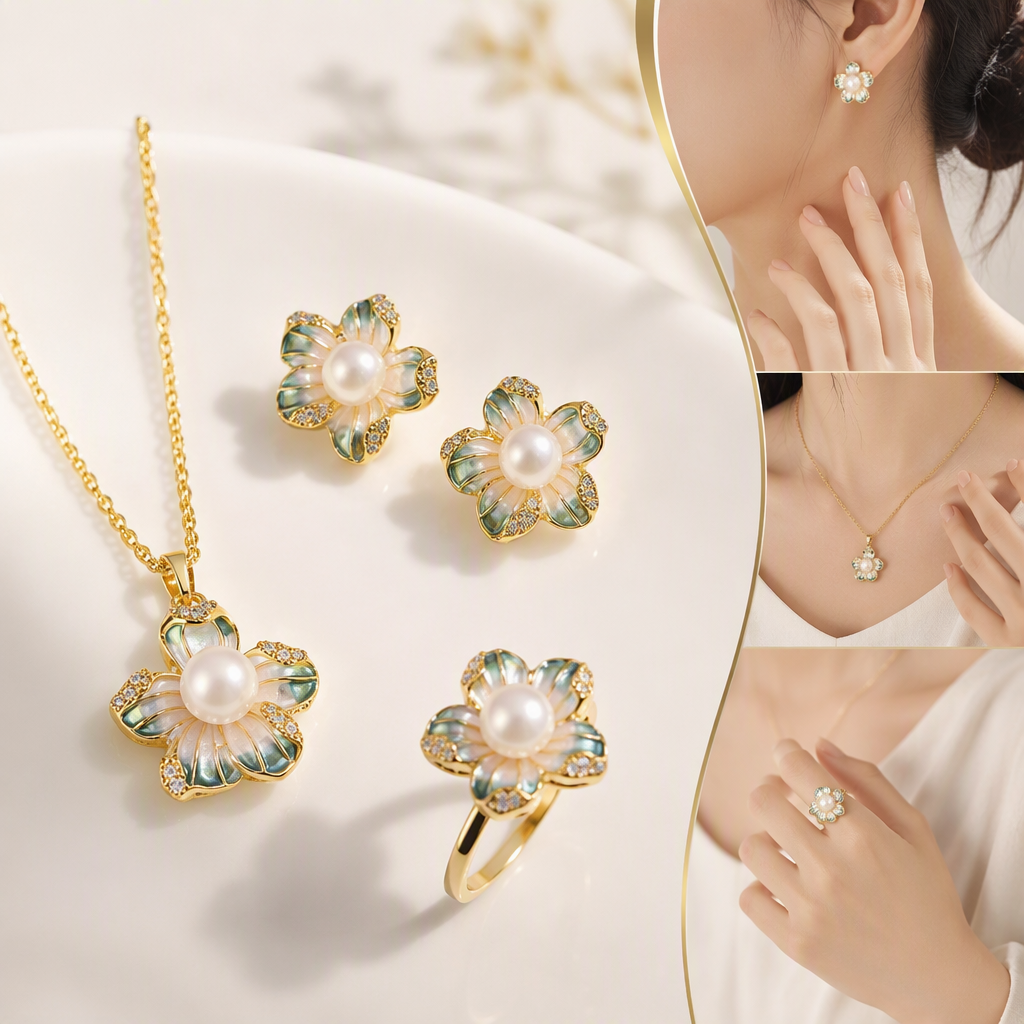 Blue gift box, pearl and flower jewelry set, necklace, stud ring, elegant and fashionable gift for your girlfriend