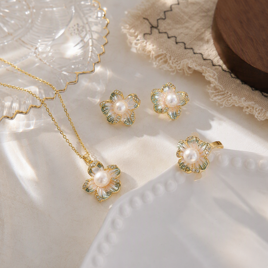 Blue gift box, pearl and flower jewelry set, necklace, stud ring, elegant and fashionable gift for your girlfriend details Picture