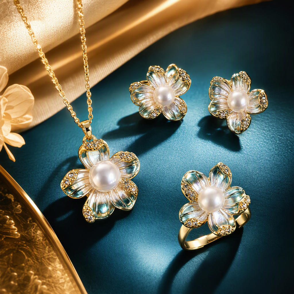 Blue gift box, pearl and flower jewelry set, necklace, stud ring, elegant and fashionable gift for your girlfriend Specification image