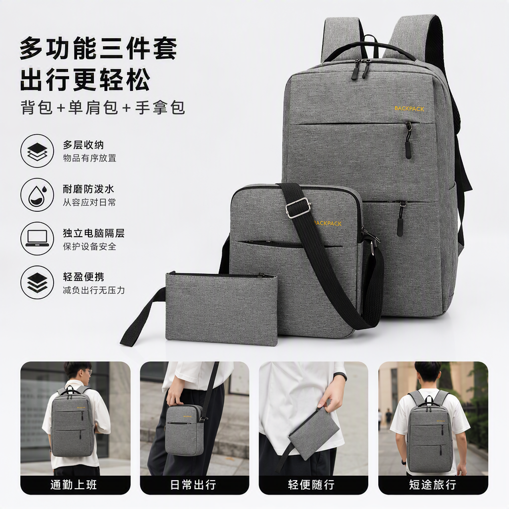The grey three-piece backpack set is a multi-functional travel and casual student schoolbag, a trendy and versatile choice for both men and women