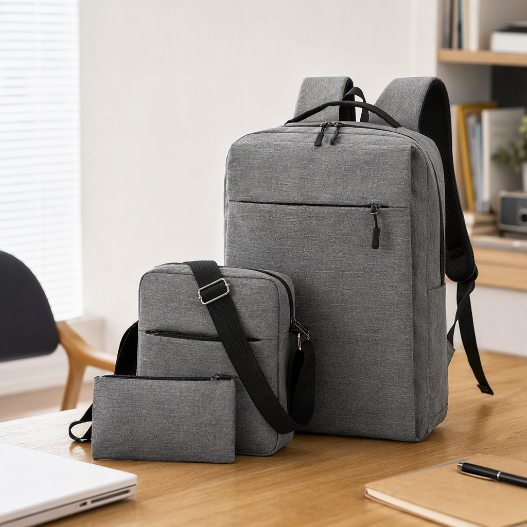 The grey three-piece backpack set is a multi-functional travel and casual student schoolbag, a trendy and versatile choice for both men and women details Picture