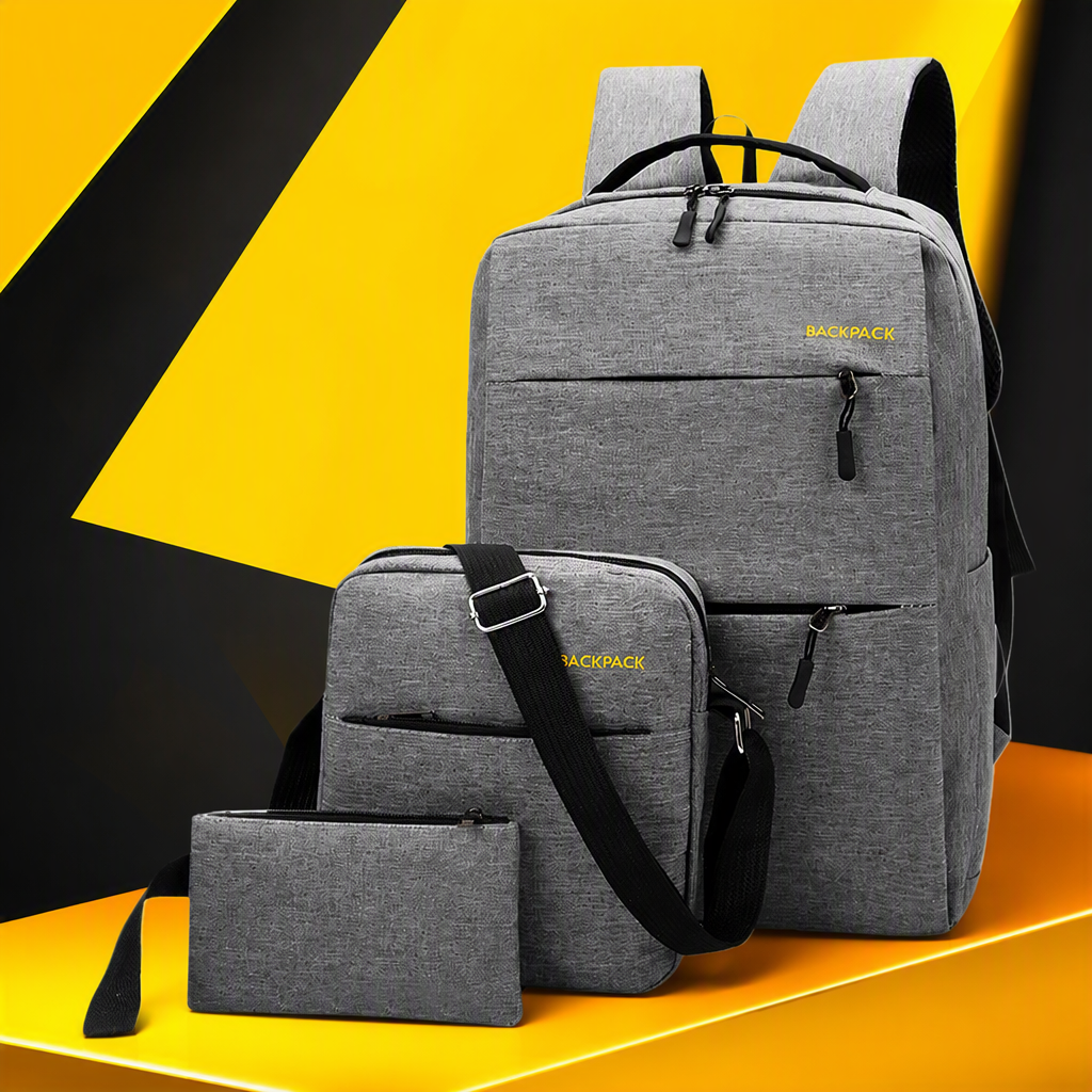 The grey three-piece backpack set is a multi-functional travel and casual student schoolbag, a trendy and versatile choice for both men and women Specification image