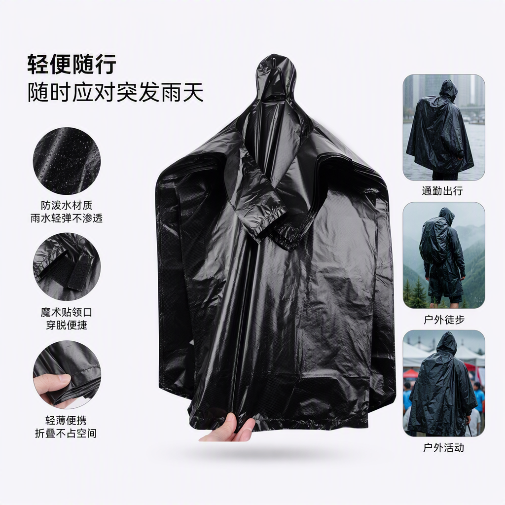 防风防雨挂取式黑色雨衣轻便耐用户外雨具防水防晒男女通用