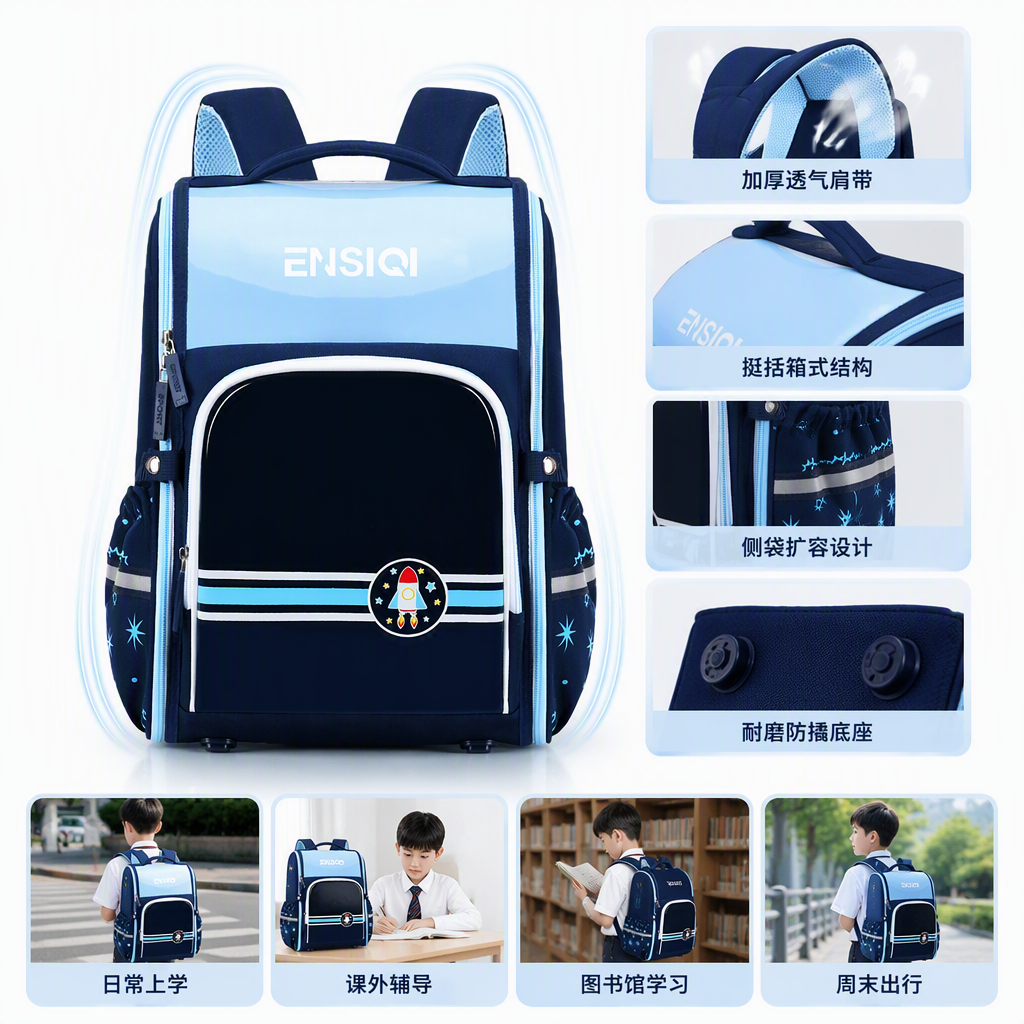 Children's blue space-themed schoolbag, student backpack, multi-functional waterproof, trendy campus supplies