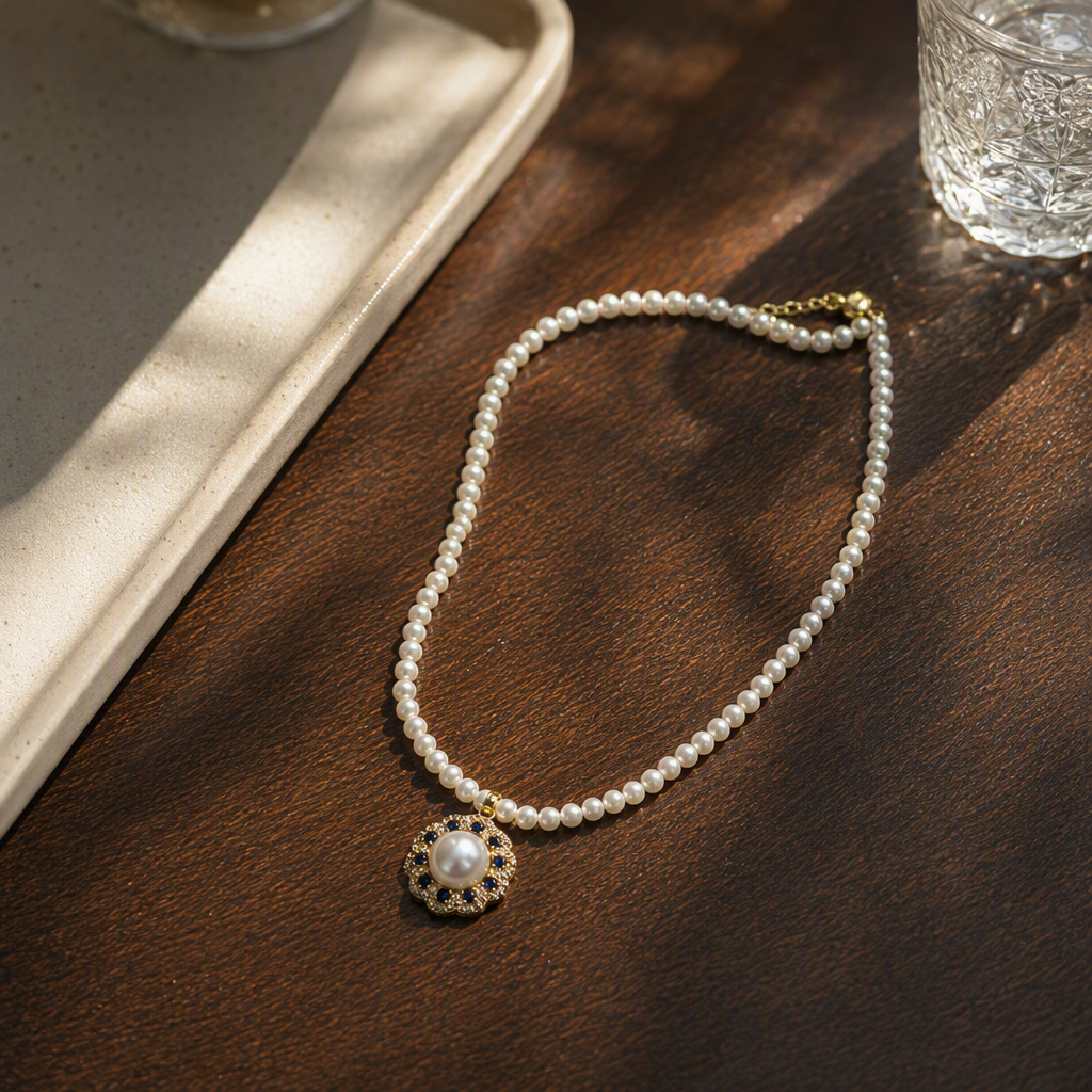A white pearl necklace with a central sapphire and diamond pendant, an elegant and fashionable women's jewelry gift details Picture